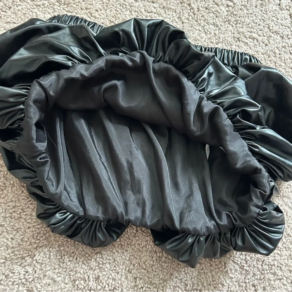 PrettyLittleThing Black Faux Leather Puff Ball Mini Skirt Size 6